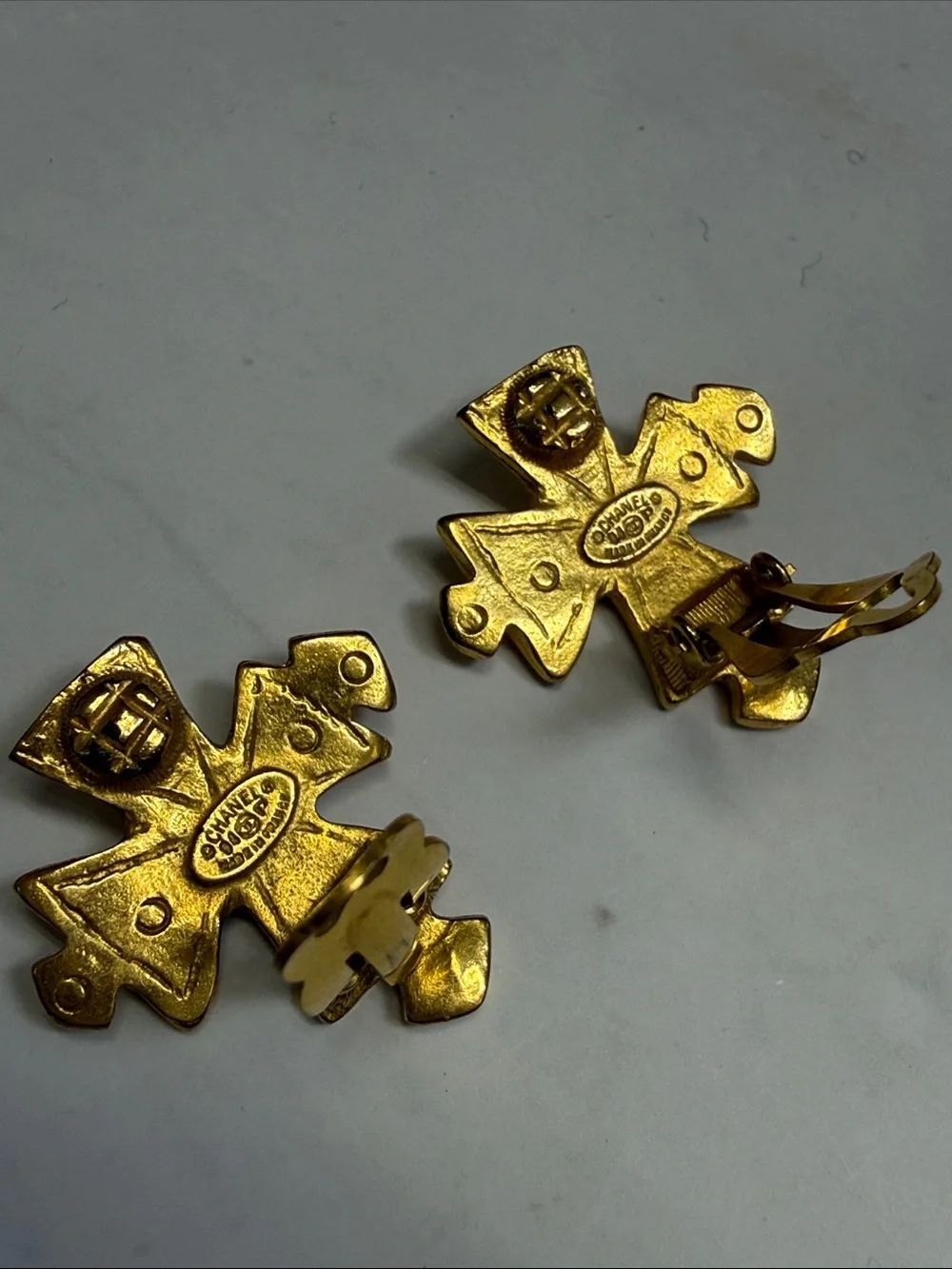 CHANEL Gold Cross-Form Clip-On Earrings with Interlocking CC